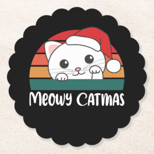 Merry Catmas Funny Cat Christmas Pun Paper Coaster