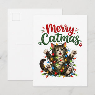 Merry Catmas Funny Cat Christmas Tree Lights Xmas Invitation Postcard