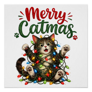 Merry Catmas Funny Cat Christmas Tree Lights Xmas Poster
