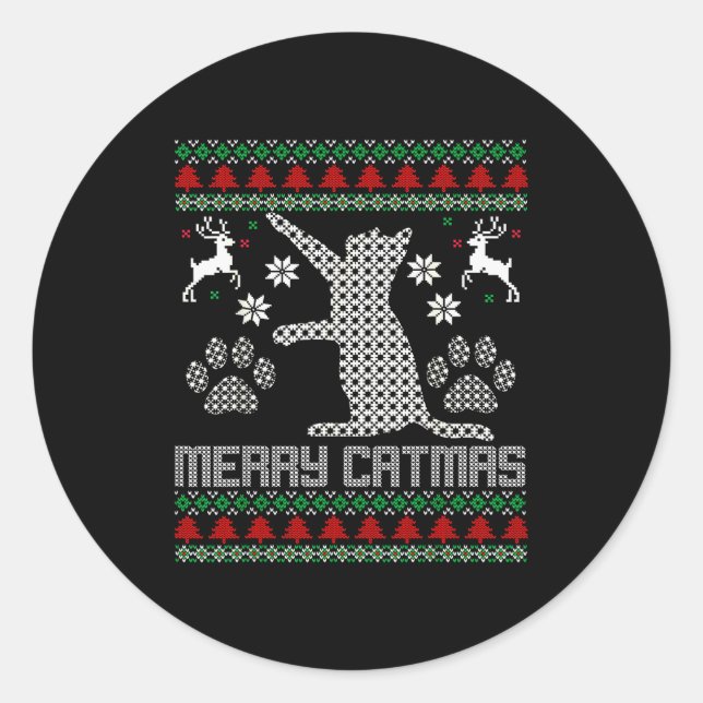 Merry Catmas Funny Cat Christmas Ugly Sweater Men  Classic Round Sticker (Front)