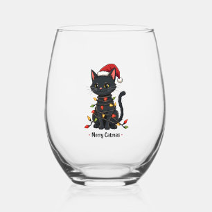 Merry Catmas Funny Christmas Feline Cat Lover Stemless Wine Glass