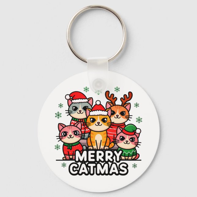 Merry Catmas Funny Christmas Key Ring (Front)