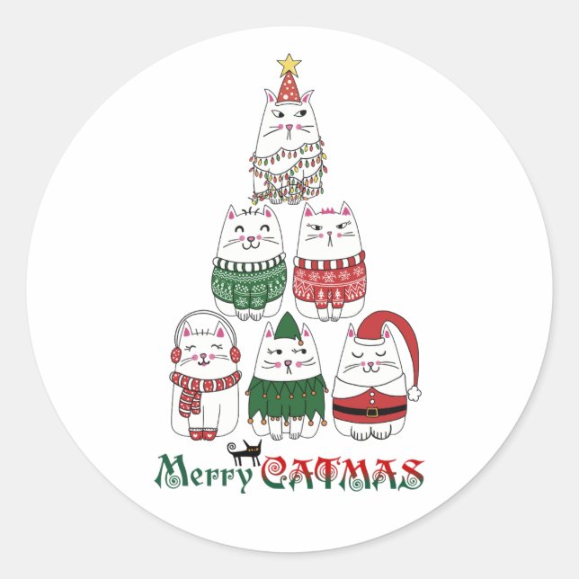 Merry Catmas Funny Christmas Kitten Classic Round Sticker (Front)