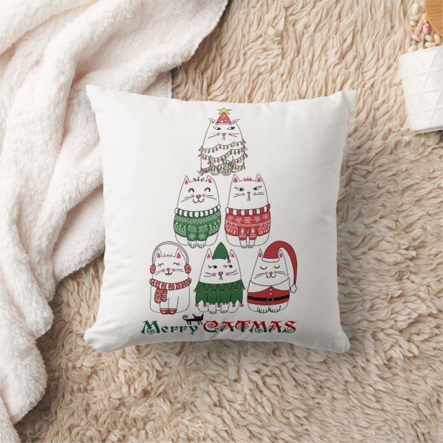 Merry Catmas Funny Christmas Kitten Tree Cushion (Blanket)