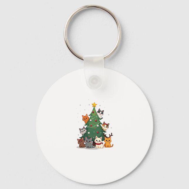 Merry Catmas Funny Christmas Tree, Cats Xmas Meow  Key Ring (Front)