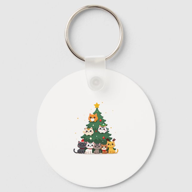 Merry Catmas Funny Christmas Tree, Cats Xmas Meow  Key Ring (Front)