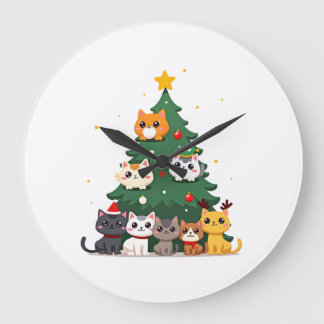 Merry Catmas Funny Christmas Tree, Cats Xmas Meow  Large Clock