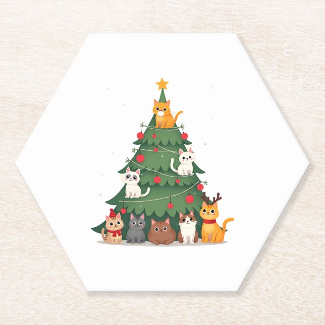 Merry Catmas Funny Christmas Tree, Cats Xmas Meow  Paper Coaster (Front)