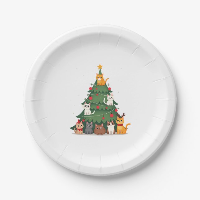 Merry Catmas Funny Christmas Tree, Cats Xmas Meow  Paper Plate (Front)