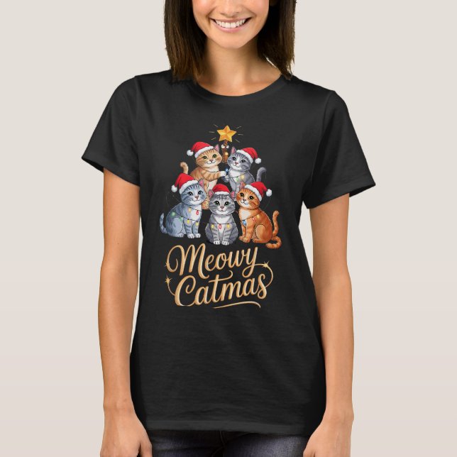 Merry Catmas Funny Christmas Tree Matching Meowy X T-Shirt (Front)