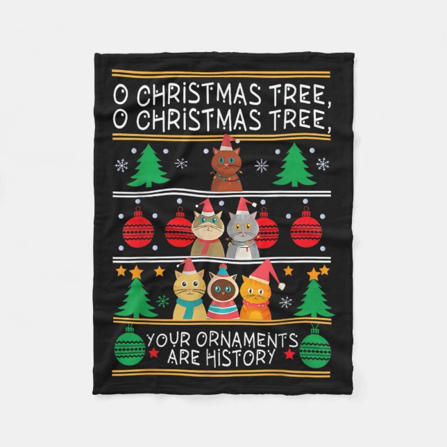 Merry Catmas Funny O Christmas Tree, Cat Xmas Meow Fleece Blanket (Front)