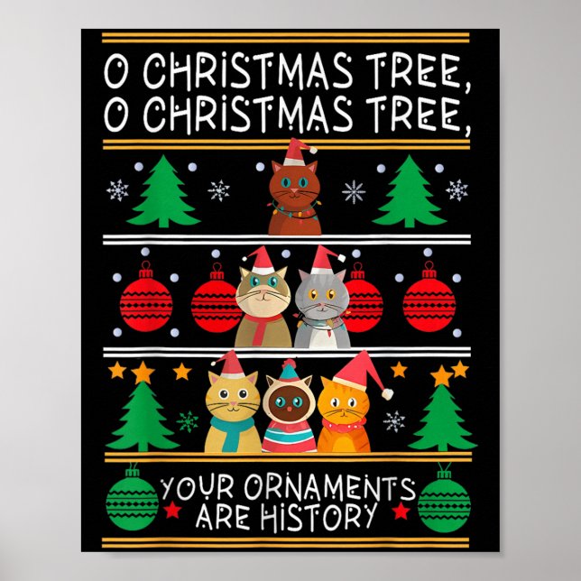 Merry Catmas Funny O Christmas Tree, Cat Xmas Meow Poster (Front)