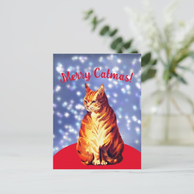 Merry Catmas, marmalade ginger cat Postcard (Standing Front)