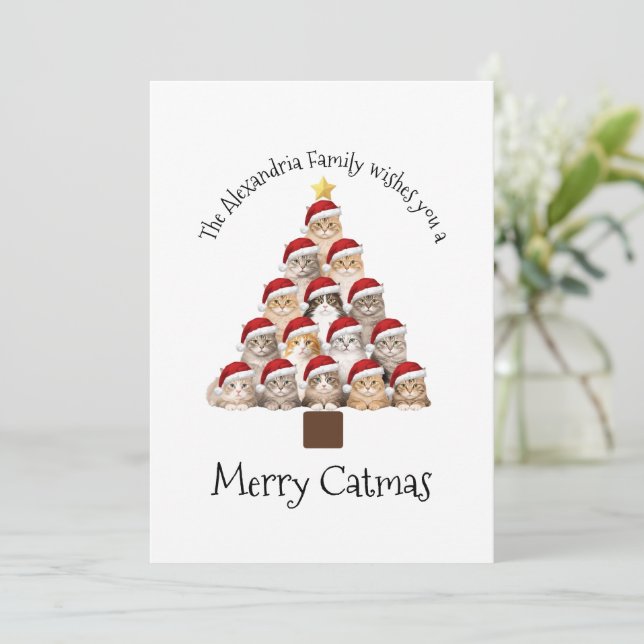 Merry Catmas Personalised Family Christmas Holiday Card (Standing Front)