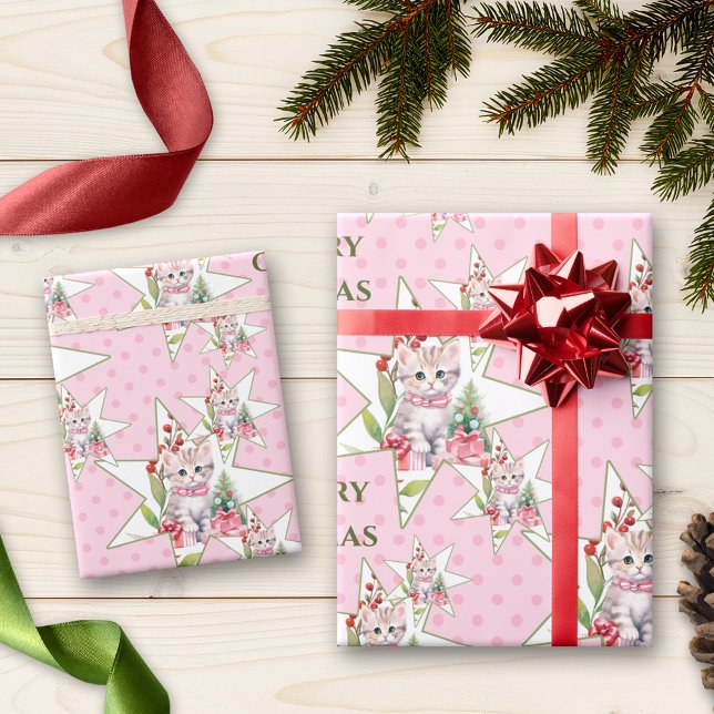 Merry Catmas Pink Christmas Cat  Wrapping Paper (Cute cat wrapping paper featuring a watercolor cat in Christmas star pattern on pink with polka dots)
