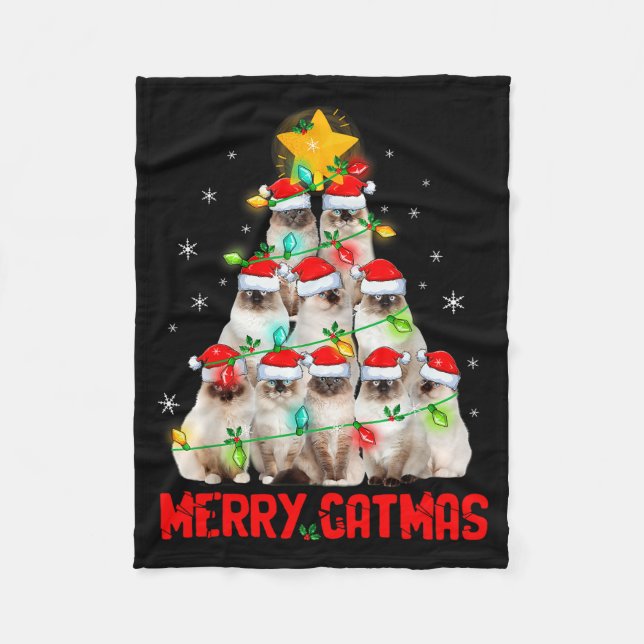 Merry Catmas Santa Birman Cats Christmas Tree Ligh Fleece Blanket (Front)