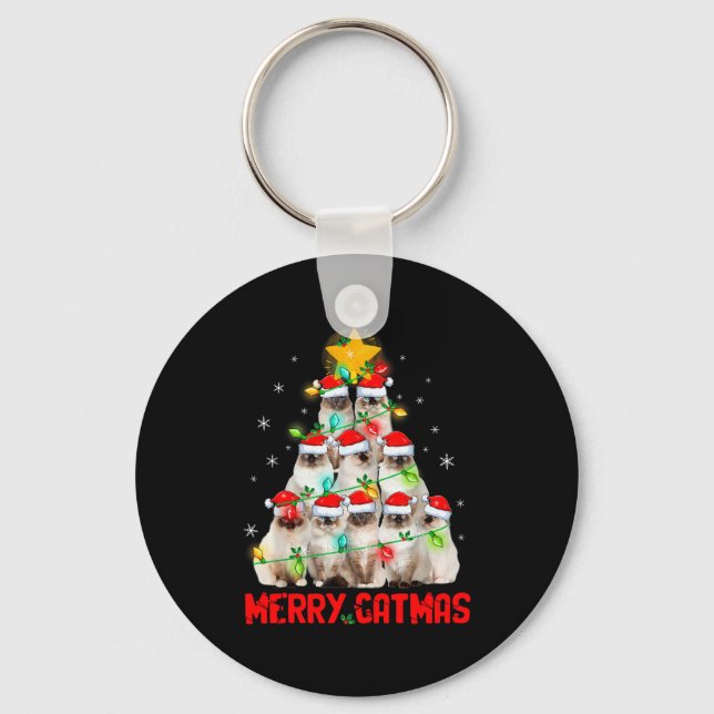 Merry Catmas Santa Birman Cats Christmas Tree Ligh Key Ring (Front)