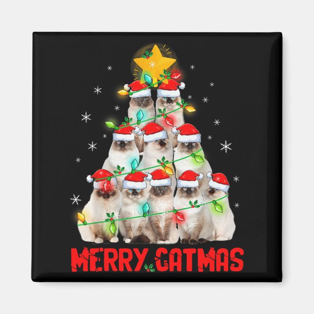 Merry Catmas Santa Birman Cats Christmas Tree Ligh Magnet (Front)