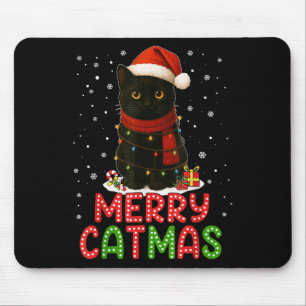 Merry Catmas Santa Hat Funny Black Cat Christmas W Mouse Pad