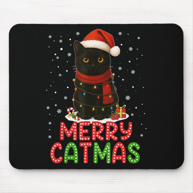 Merry Catmas Santa Hat Funny Black Cat Christmas W Mouse Pad (Front)