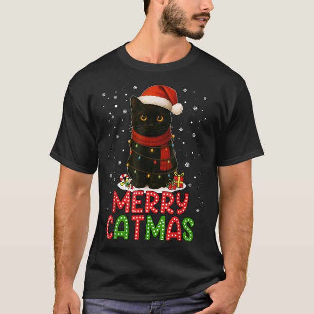 Merry Catmas Santa Hat Funny Black Cat Christmas W T-Shirt (Front)