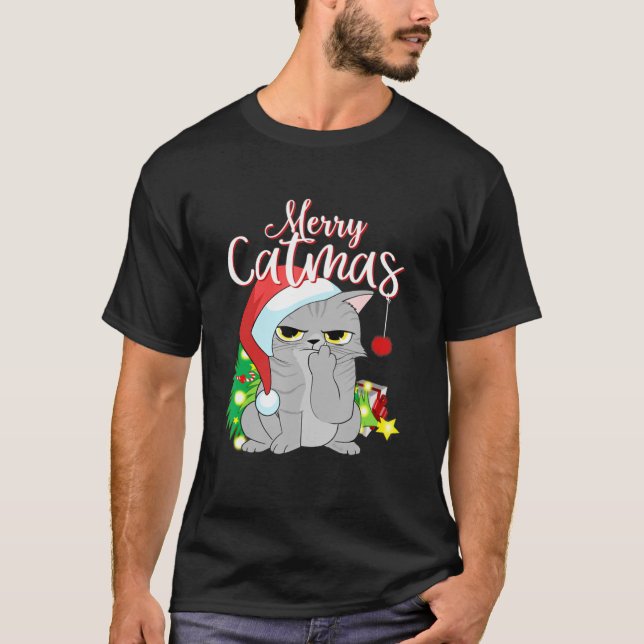 Merry Catmas Santa Hat Grey Cat Funny Christmas Me T-Shirt (Front)