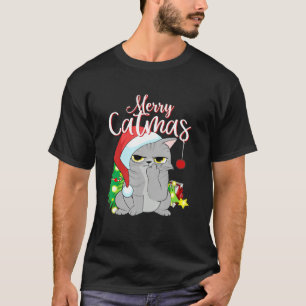 Merry Catmas Santa Hat Grey Cat Funny Christmas Me T-Shirt