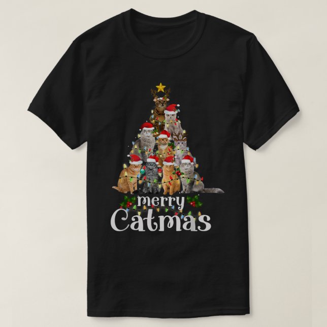 Merry Catmas Tree Lights Funny Christmas Cat Match T-Shirt (Design Front)