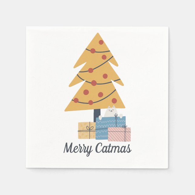 Merry Catmas white cat Christmas tree gifts Napkin (Front)