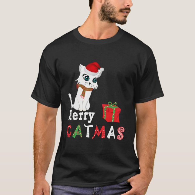 Merry Catmas White Cat Lover Christmas Xmas Gift T-Shirt (Front)