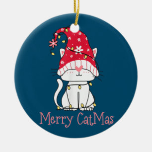Merry Catmas Xmas Gift Funny Cute Gnomes Cat Ceramic Ornament