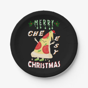 Merry Cheesy Christmas Xmas Santa Pizza Christmas Paper Plate