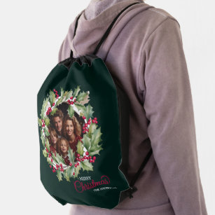 Merry Chistmas Editable Photo Family Drawstring Bag