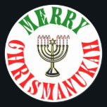 Merry Chrismanukah- Christmas Chanukah Menorah Classic Round Sticker<br><div class="desc">The perfect way to celebrate both Christmas and Hanukah all at the same time. Merry Christmas   Happy Chanukah = Merry Chrismanukah,  complete with Candy Cane Menorah Candles.</div>