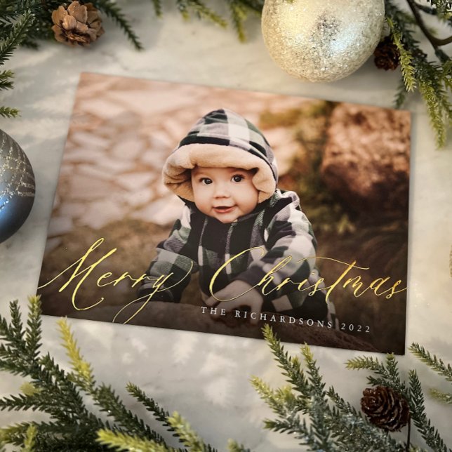 Merry Chrismas script foil holiday card (Creator Uploaded)