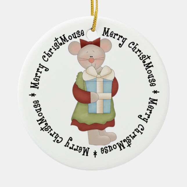 Merry ChrisMouse with Present Ceramic Tree Decoration (Front)