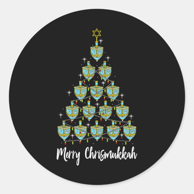 Merry Chrismukkah Hanukkah Dreidel Christmas Tree Classic Round Sticker (Front)