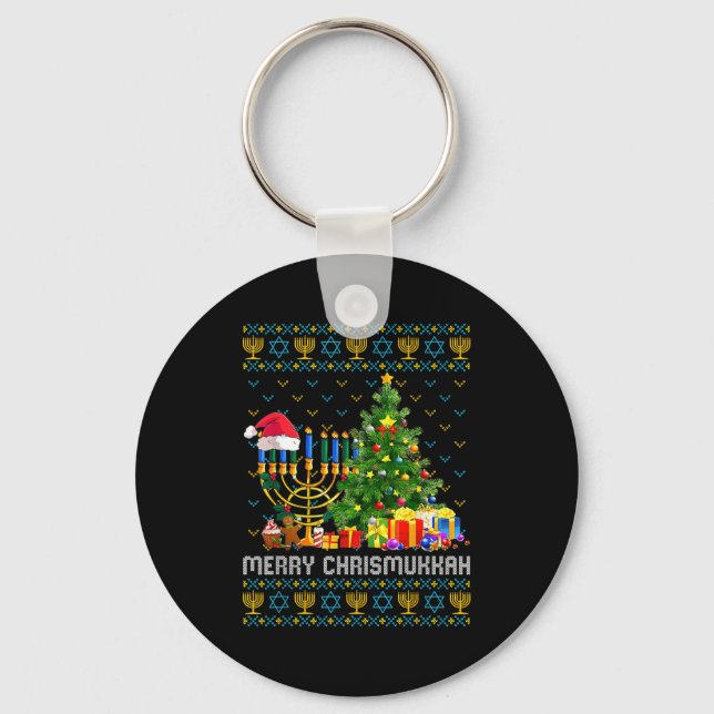 Merry Chrismukkah Happy Hanukkah Ugly Sweater Fami Key Ring (Front)