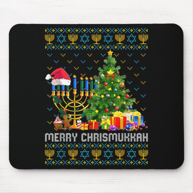 Merry Chrismukkah Happy Hanukkah Ugly Sweater Fami Mouse Pad (Front)