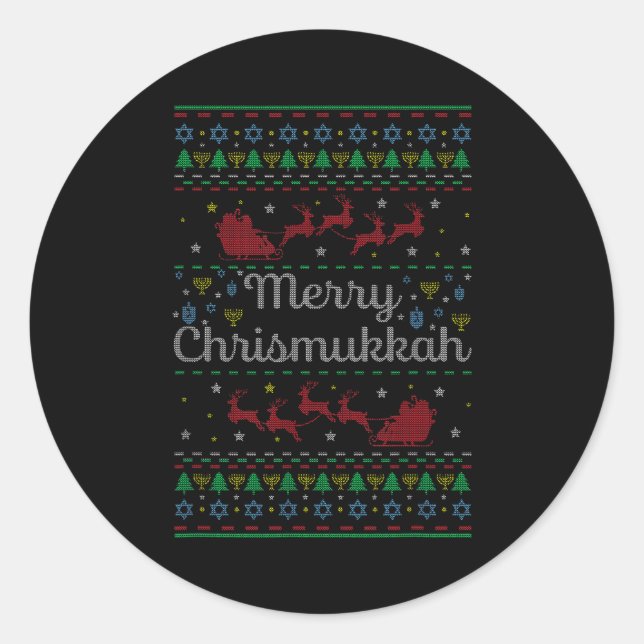 Merry Chrismukkah Jewish Hanukkah Ugly Christmas S Classic Round Sticker (Front)