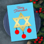 Merry Chrismukkah Star of David and Ornaments  Holiday Card<br><div class="desc">This Merry Chrismukkah card features a golden Star of David in the centre on a blue background. There are three red Christmas ornaments hanging from the Star of David. The top of the card features the words "Merry Chrismukkah" in red script. On the back of the flat card is the...</div>