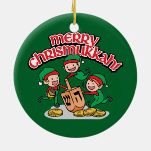 Merry Chrismukkah with Elves and Dreidels Ceramic Ornament