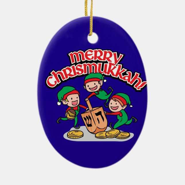 Merry Chrismukkah with Elves and Dreidels Ceramic Ornament (Back)
