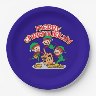 Merry Chrismukkah with Elves and Dreidels Paper Plate