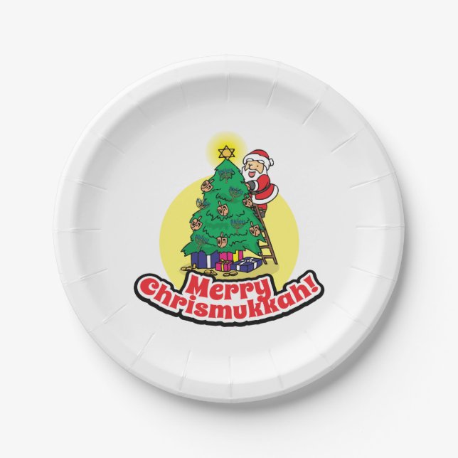 Merry Chrismukkah with Santa and Christmas Tree Paper Plate (Front)