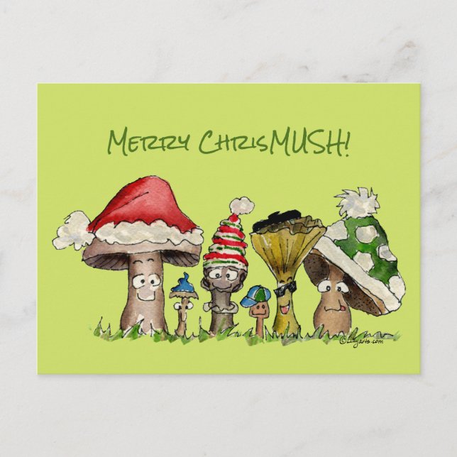 Merry ChrisMUSH Christmas Mushrooms Cartoon Holiday Postcard (Front)