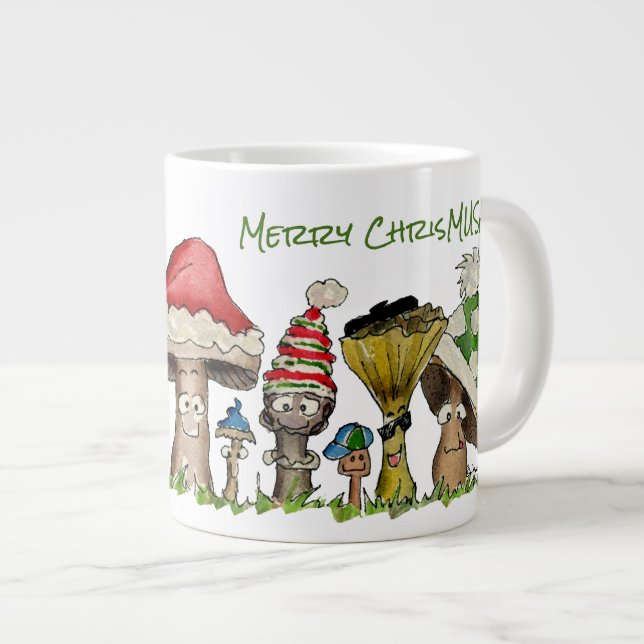 Merry ChrisMUSH Christmas Mushrooms Cartoon Large Coffee Mug (Front Right)