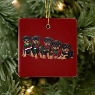 Merry Chrismutts Rottweiler Puppies Wearing Scarf Ceramic Ornament
