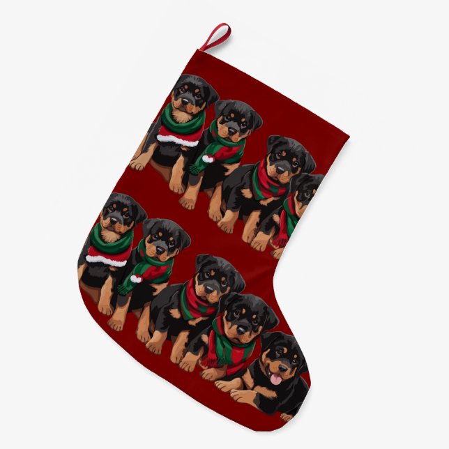 Merry Chrismutts Rottweiler Puppies Wearing Scarf Large Christmas Stocking (Front (Hanging))