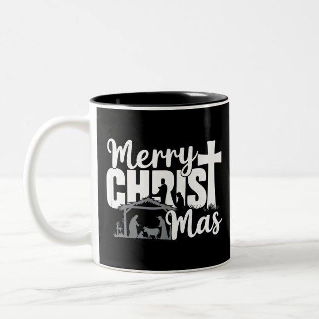Merry Christ Mas Christian Christmas Jesus Family  Two-Tone Coffee Mug (Left)